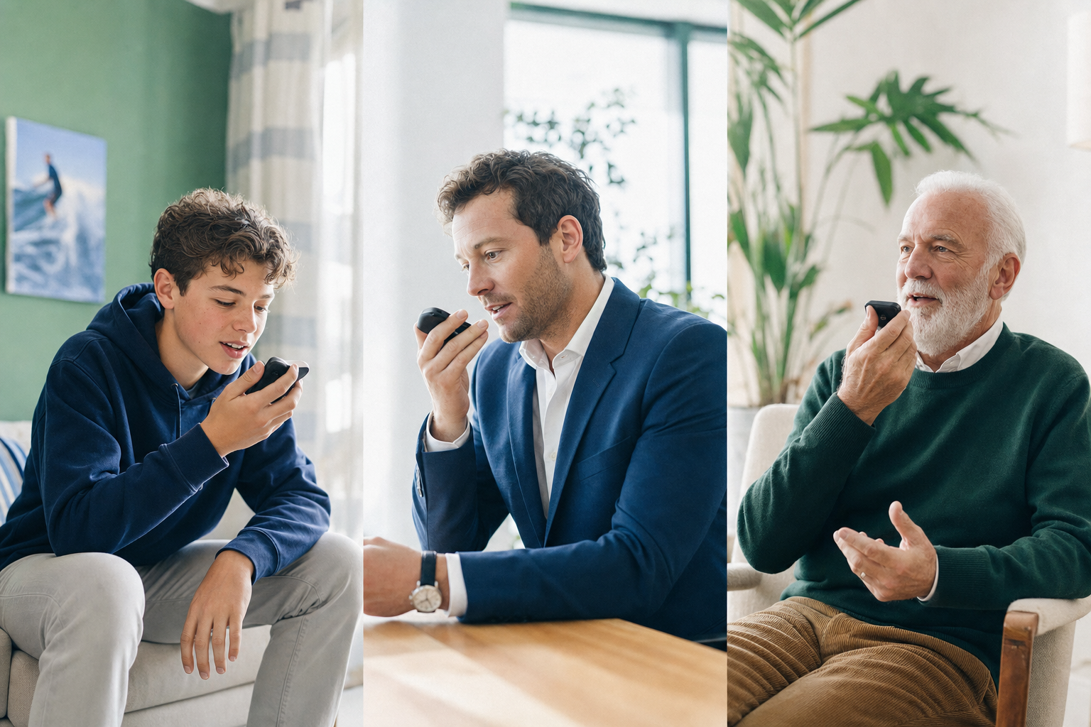 Three different people each speaking to a device