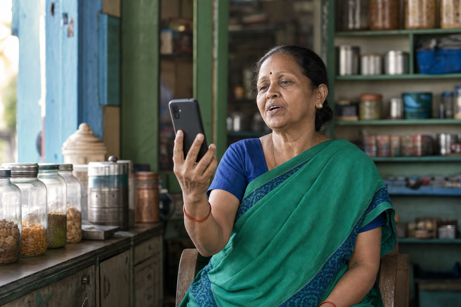 A small-town shopkeeper speaking to her phone